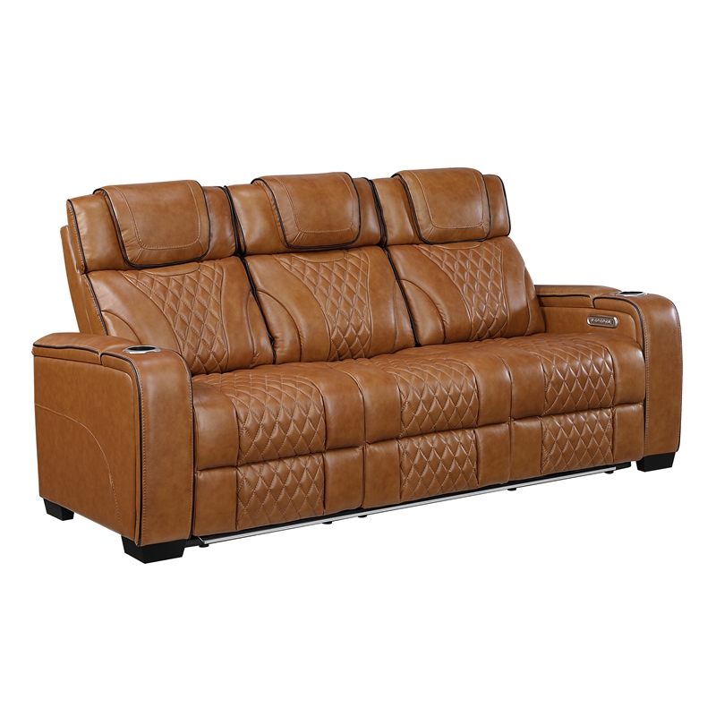 Pemberly Row Top-Grain Leather Power Reclining Sofa and Loveseat Set in Brown