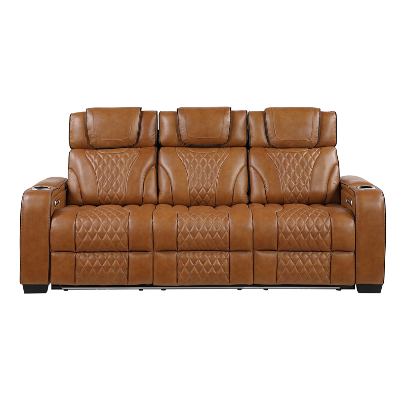 Pemberly Row Top-Grain Leather Power Reclining Sofa and Loveseat Set in Brown