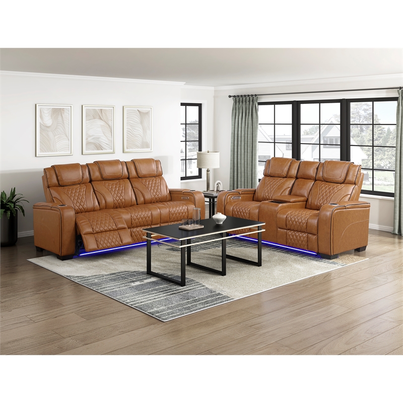 Pemberly Row Top-Grain Leather Power Reclining Sofa and Loveseat Set in Brown