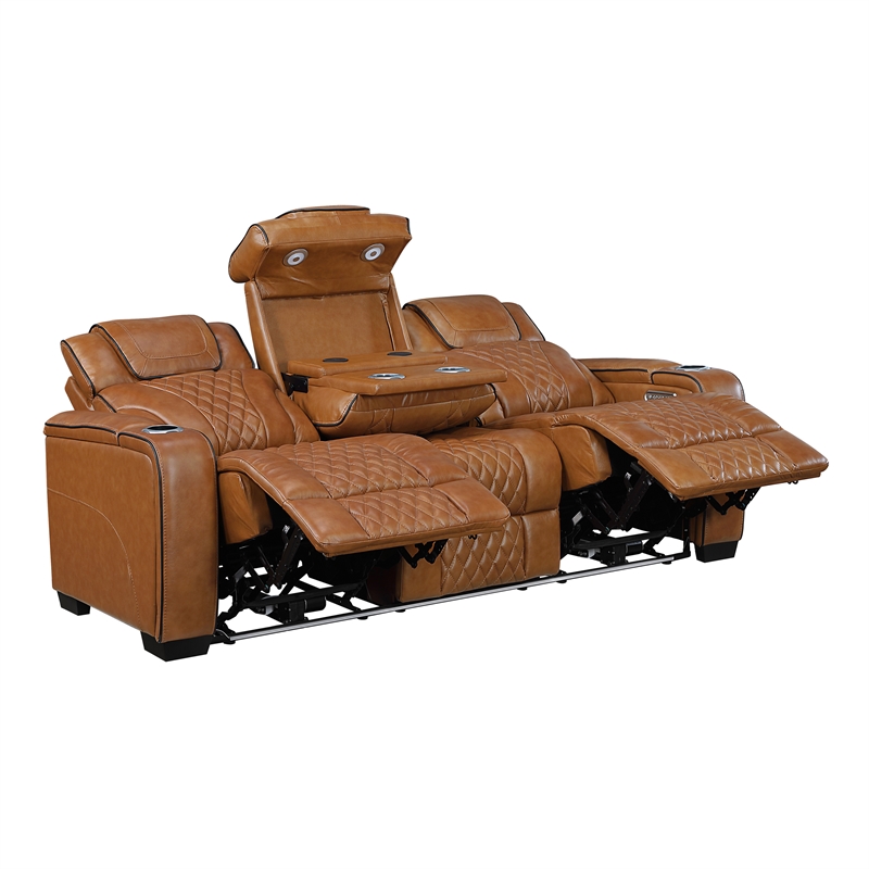 Pemberly Row Top-Grain Leather Power Reclining Sofa and Loveseat Set in Brown