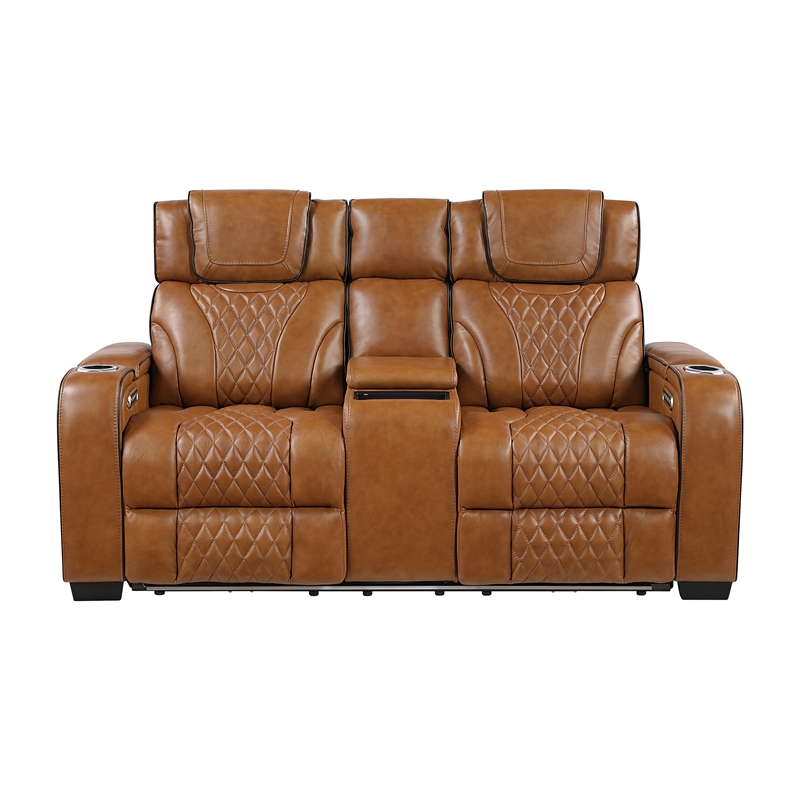 Pemberly Row Top-Grain Leather Power Reclining Sofa and Loveseat Set in Brown