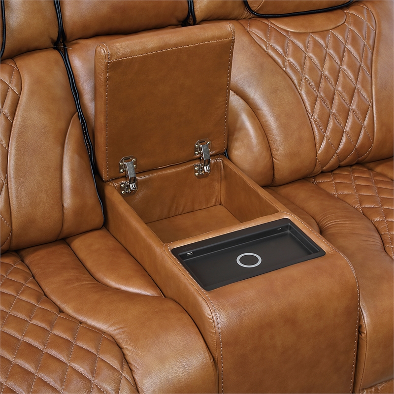 Pemberly Row Top-Grain Leather Power Reclining Sofa and Loveseat Set in Brown