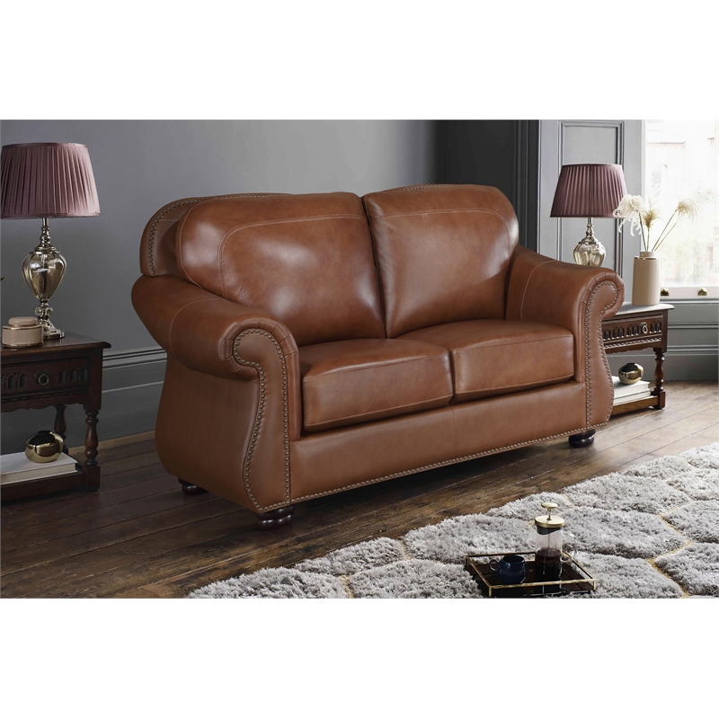 Pemberly Row Top-Grain Leather 2-Piece Sofa Set with Nailhead Trim in Brown