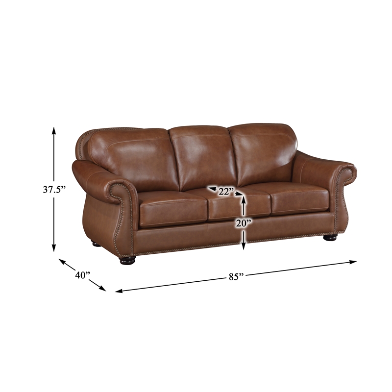 Pemberly Row Top-Grain Leather 2-Piece Sofa Set with Nailhead Trim in Brown