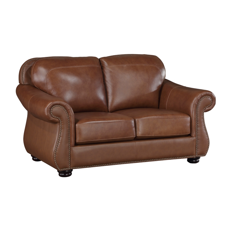 Pemberly Row Top-Grain Leather 2-Piece Sofa Set with Nailhead Trim in Brown