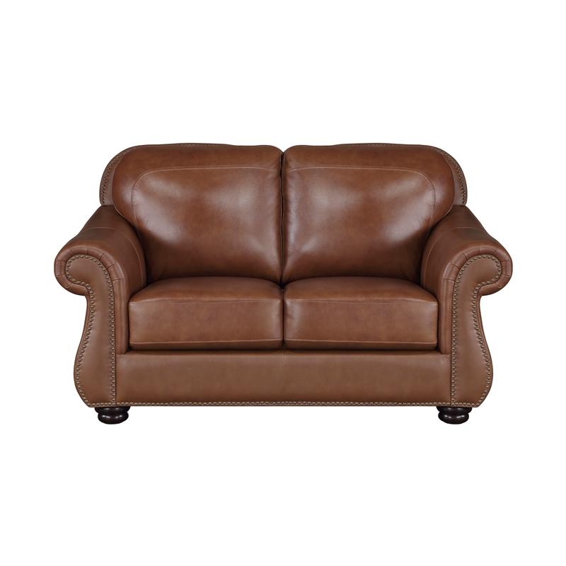 Pemberly Row Top-Grain Leather 2-Piece Sofa Set with Nailhead Trim in Brown