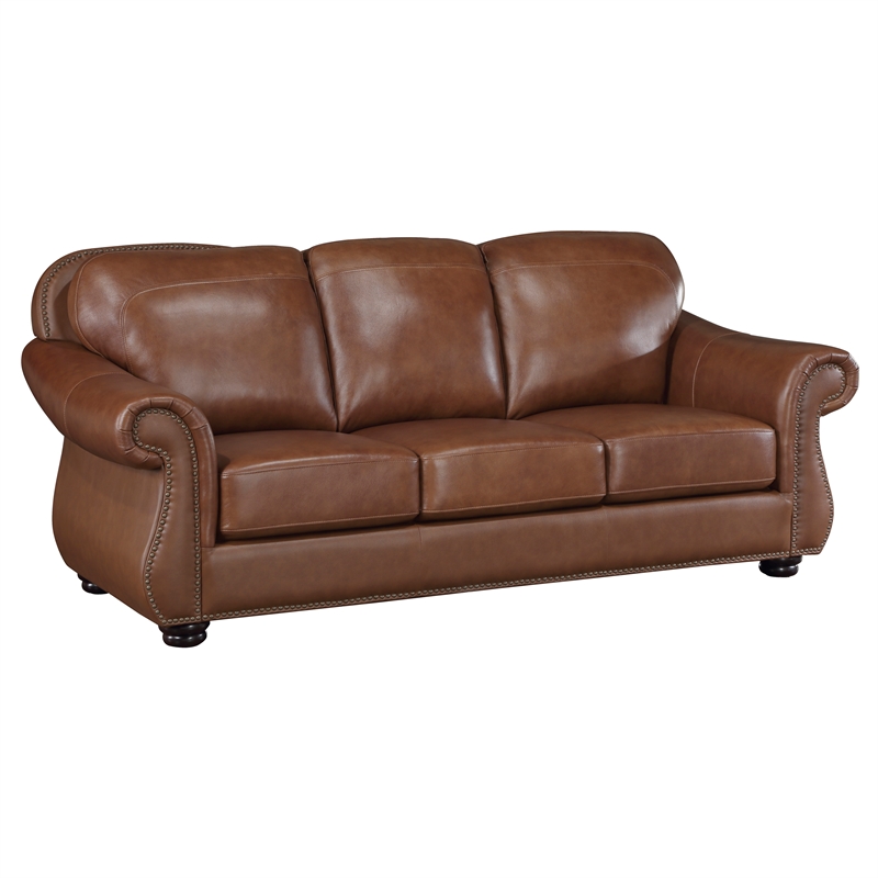 Pemberly Row Top-Grain Leather 2-Piece Sofa Set with Nailhead Trim in Brown