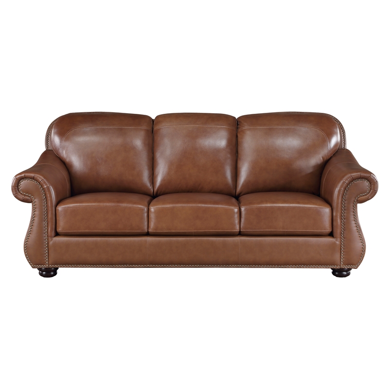 Pemberly Row Top-Grain Leather 2-Piece Sofa Set with Nailhead Trim in Brown