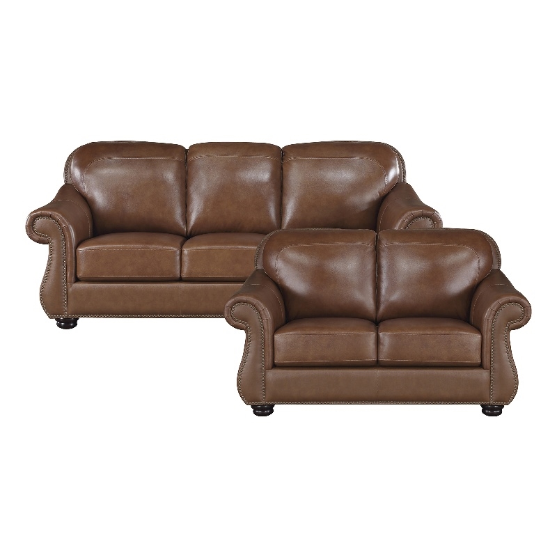 Pemberly Row Top-Grain Leather 2-Piece Sofa Set with Nailhead Trim in Brown