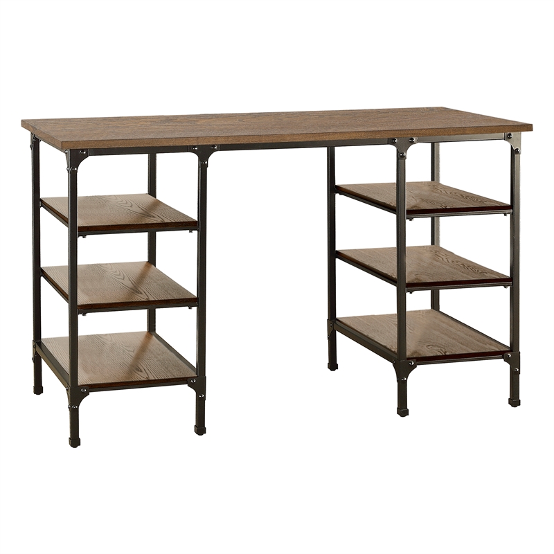 Pemberly Row Metal Counter Height Writing Desk with 6 Shelves in Brown and Black