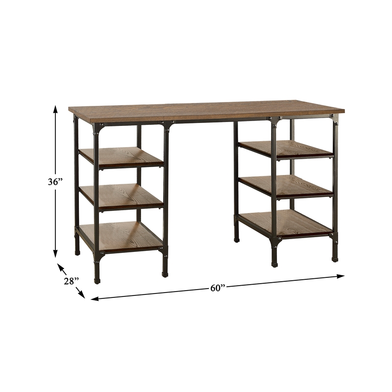 Pemberly Row Metal Counter Height Writing Desk with 6 Shelves in Brown and Black