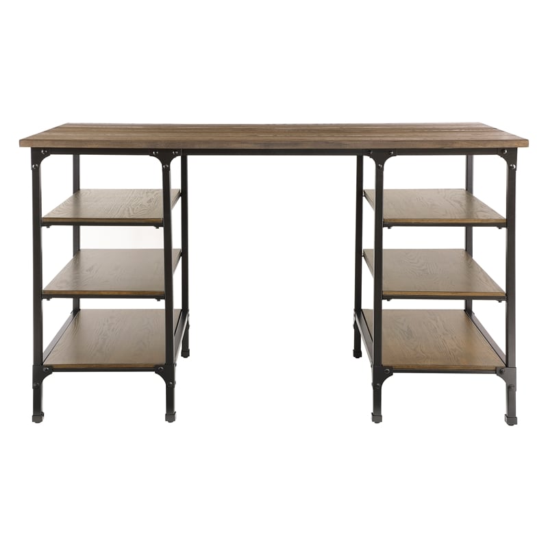 Pemberly Row Metal Counter Height Writing Desk with 6 Shelves in Brown and Black
