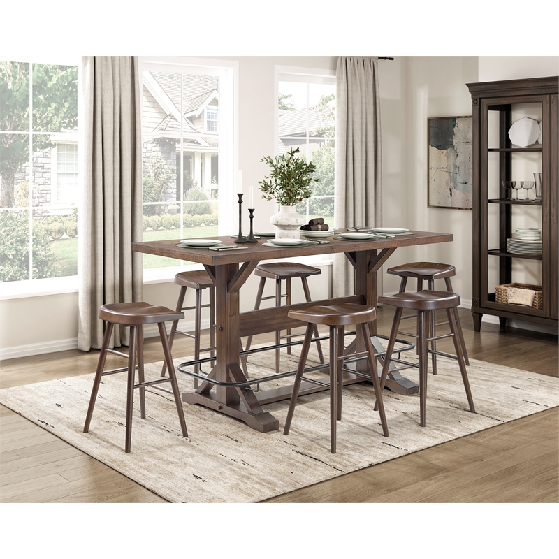 Pemberly Row Acacia Veneer Pub Height Table with Metal Footrest in Brown