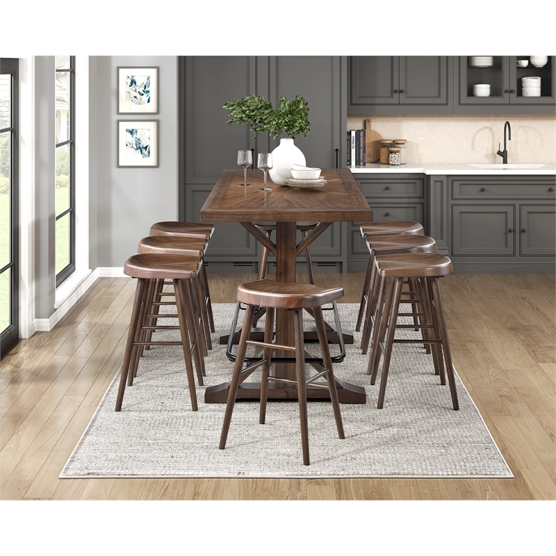 Pemberly Row Acacia Veneer Pub Height Table with Metal Footrest in Brown