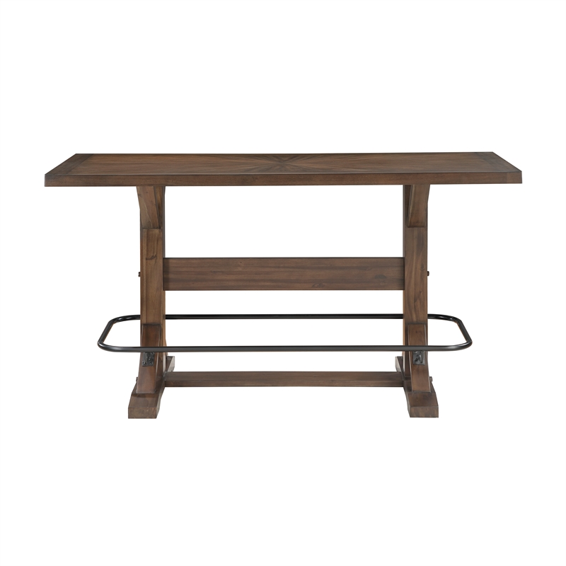 Pemberly Row Acacia Veneer Pub Height Table with Metal Footrest in Brown