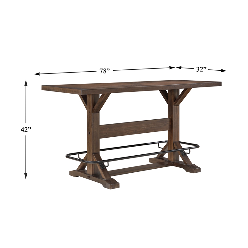 Pemberly Row Acacia Veneer Pub Height Table with Metal Footrest in Brown