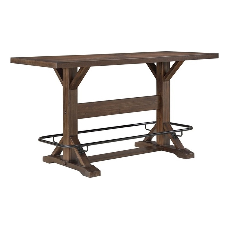 Pemberly Row Acacia Veneer Pub Height Table with Metal Footrest in Brown