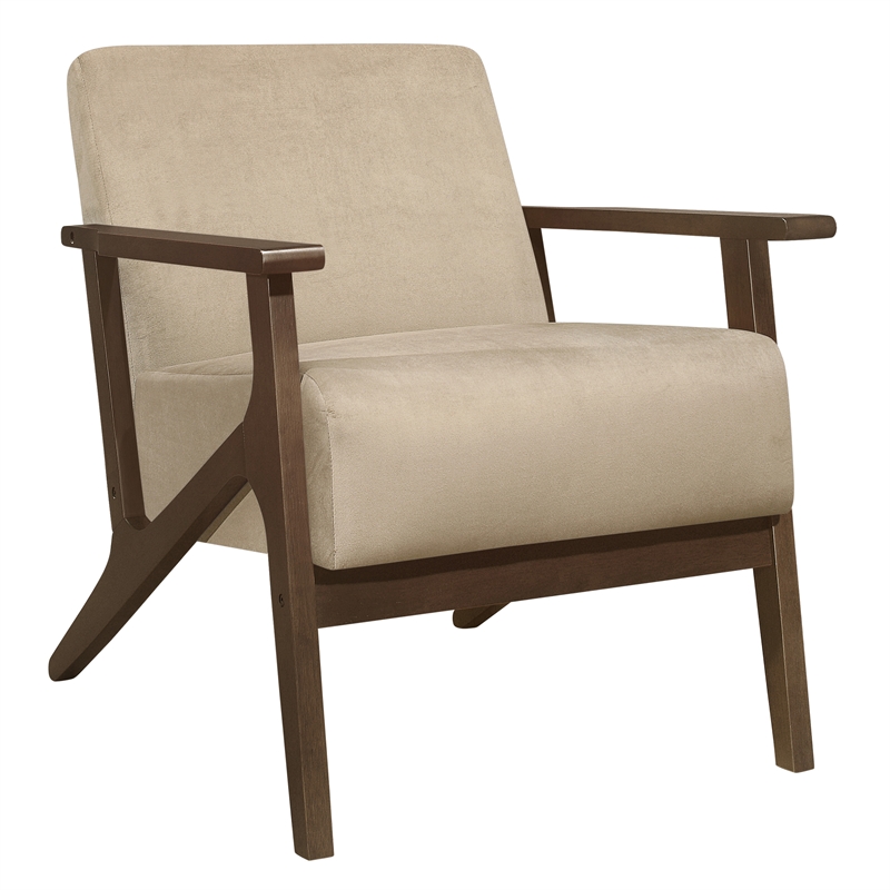Pemberly Row Rubberwood Velvet Accent Chair with Dark Walnut Arms in Light Brown