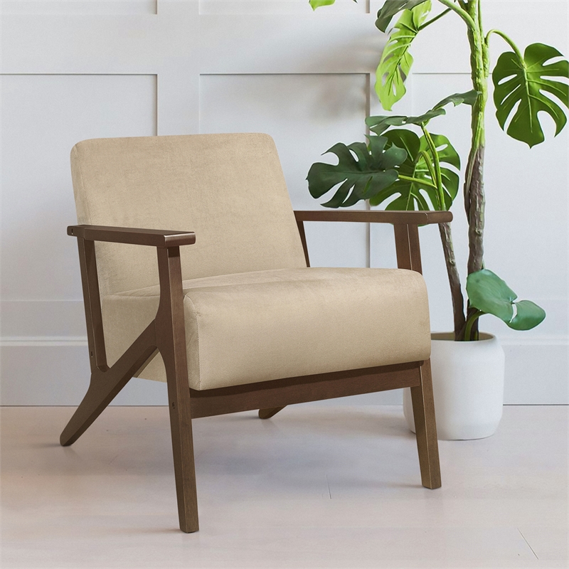Pemberly Row Rubberwood Velvet Accent Chair with Dark Walnut Arms in Light Brown