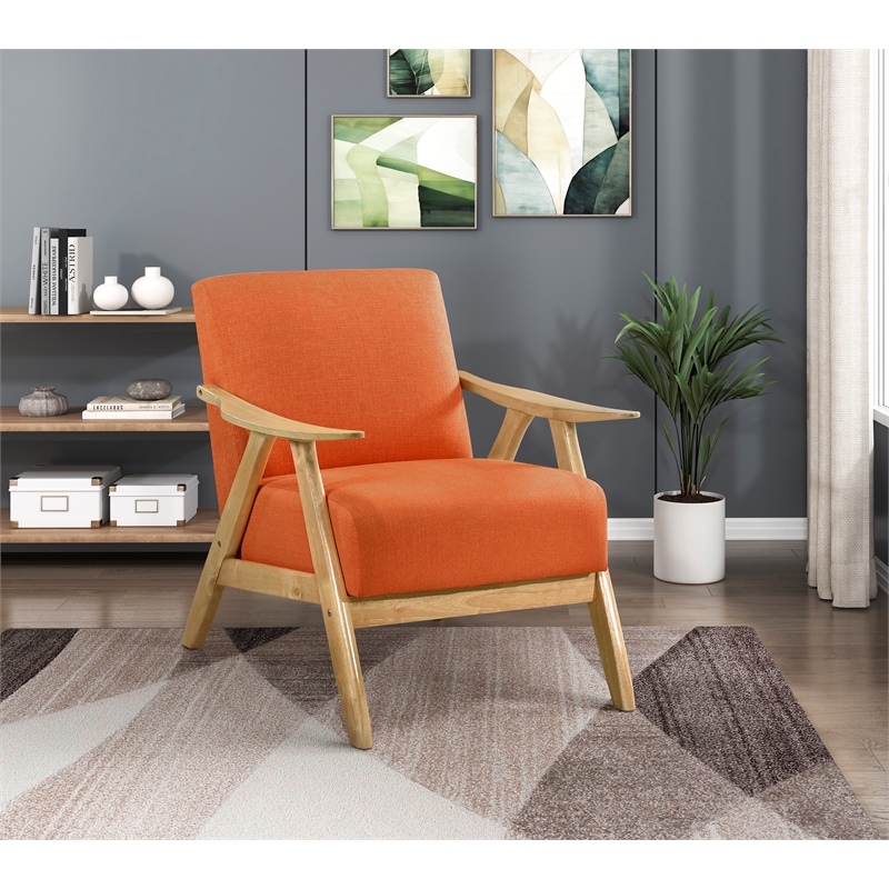 Pemberly Row Rubberwood Frame Textured Fabric Orange Accent Chair w/ Wire-Brush