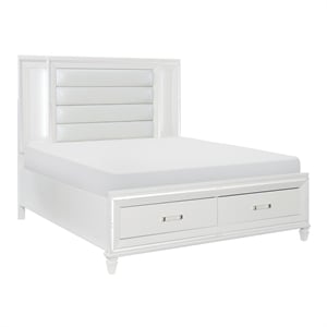 Pemberly Row Queen Platform Bed with LED Lighting and Storage Footboard in White