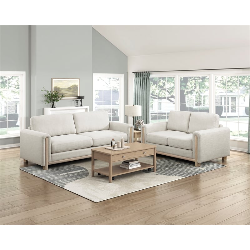 Pemberly Row Textured Fabric 2-Piece Sofa & Loveseat Set with Wood Legs in Beige