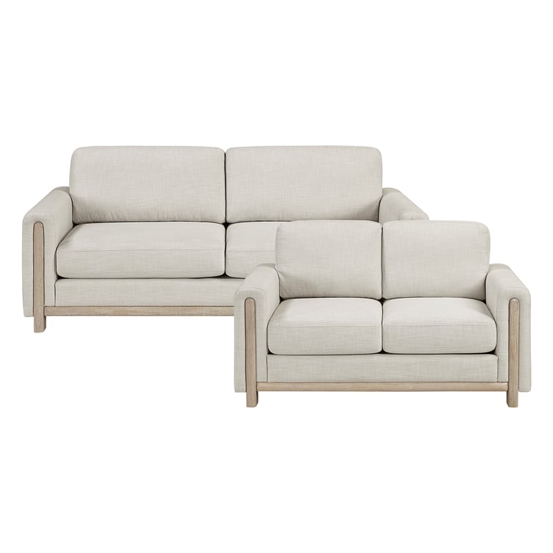 Pemberly Row Textured Fabric 2-Piece Sofa & Loveseat Set with Wood Legs in Beige