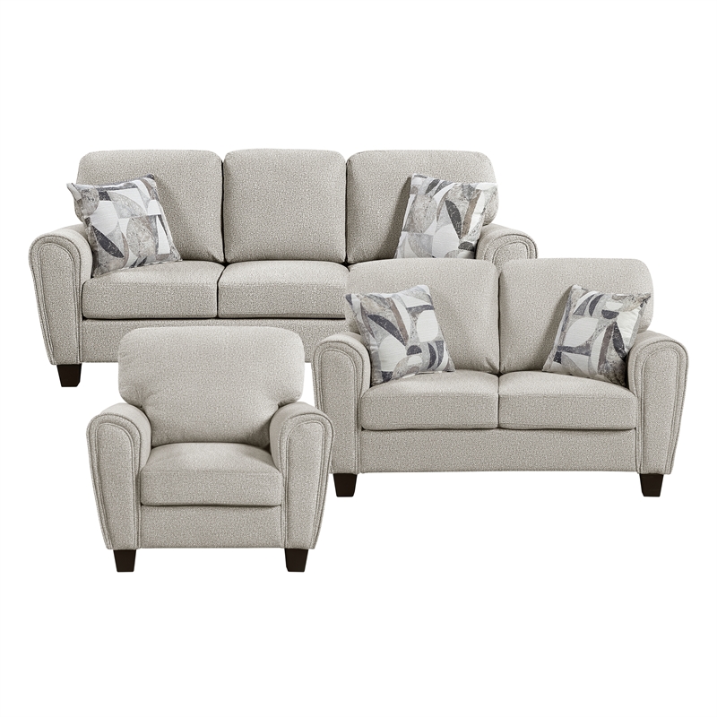 Pemberly Row Chenille 3-Piece Living Room Set with 2 Decorative Pillows in Gray