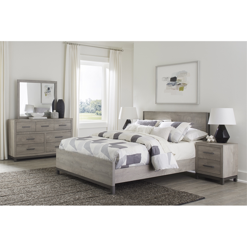 Pemberly Row Melamine Veneer Full Panel Bed with Metal Banding in Light Gray
