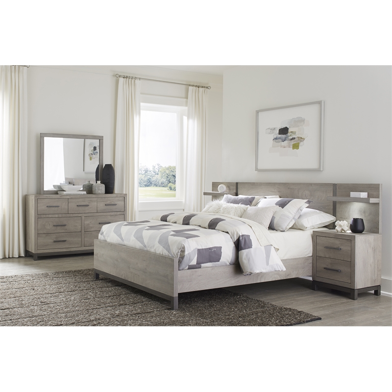 Pemberly Row Melamine Veneer Full Panel Bed with Metal Banding in Light Gray