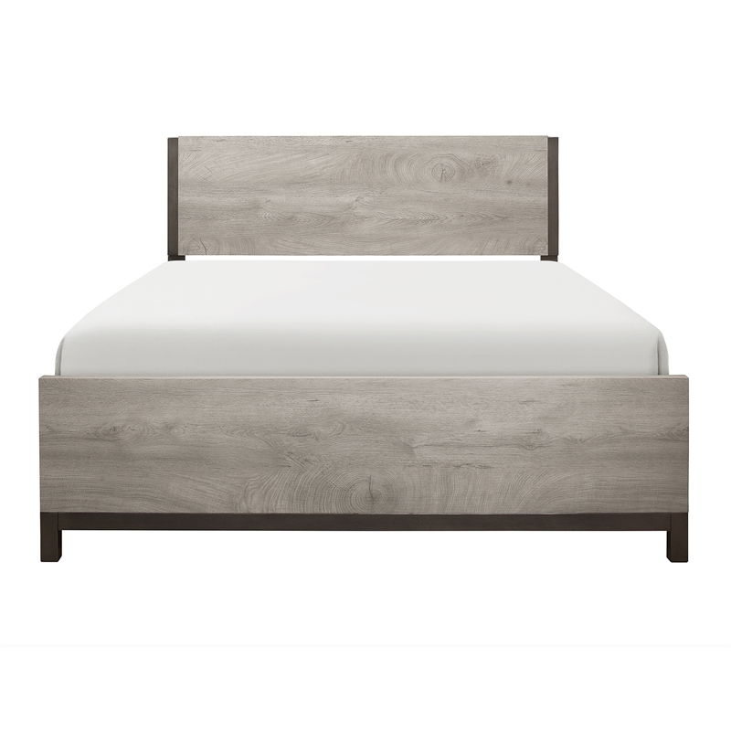 Pemberly Row Melamine Veneer Full Panel Bed with Metal Banding in Light Gray