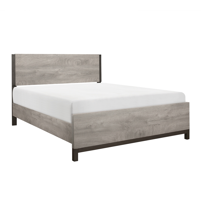 Pemberly Row Melamine Veneer Full Panel Bed with Metal Banding in Light Gray