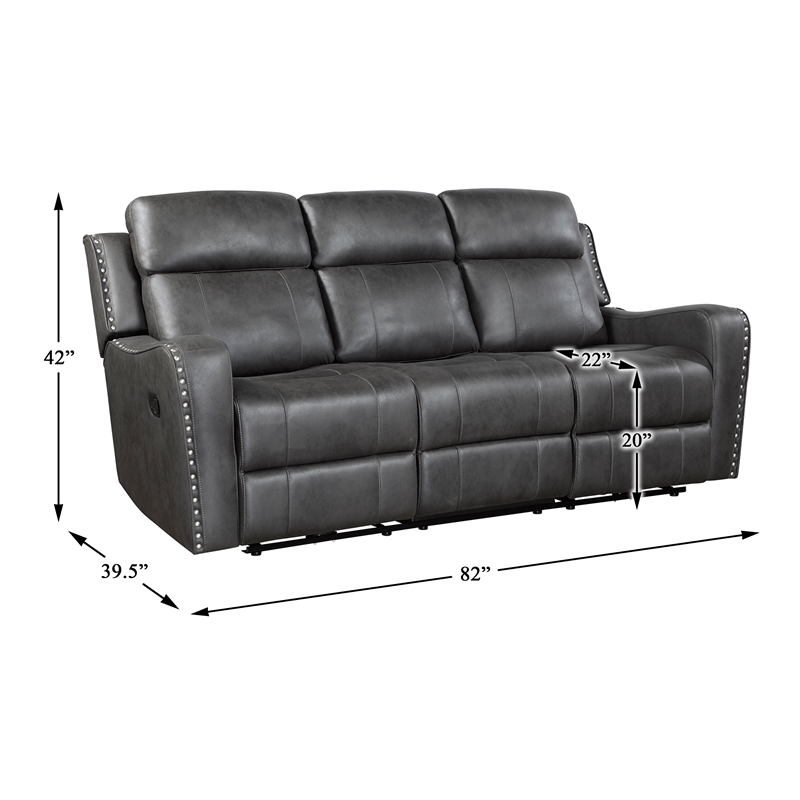 Pemberly Row Microfiber Double Reclining Sofa with Nailhead Trim in Smoky Gray