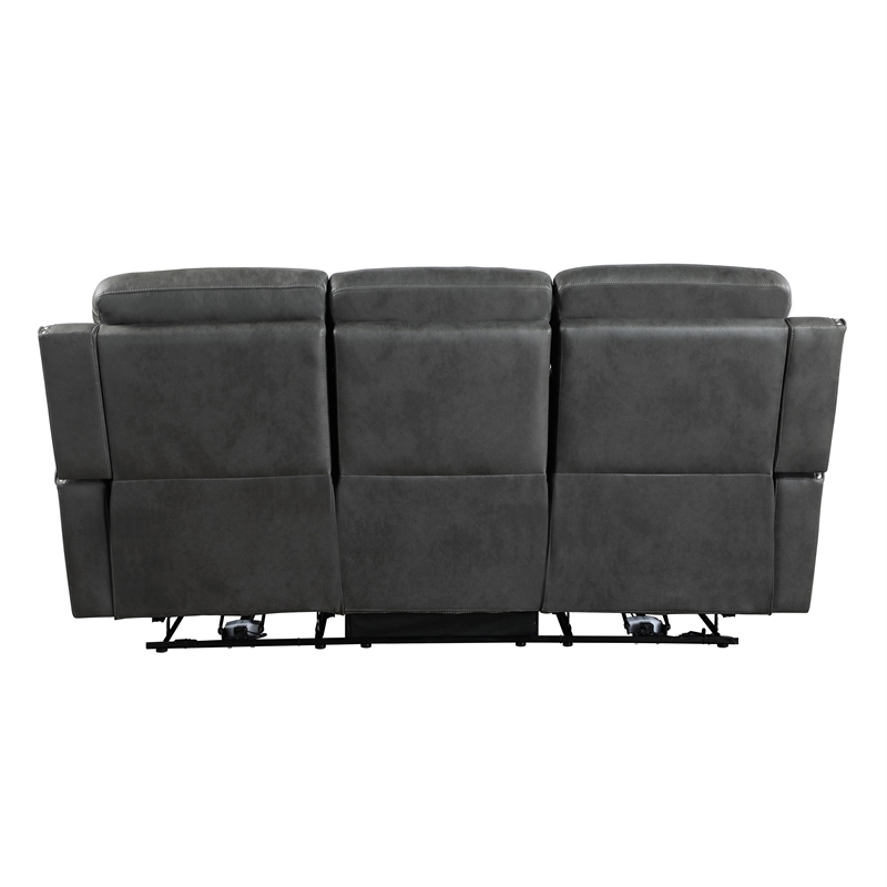 Pemberly Row Microfiber Double Reclining Sofa with Nailhead Trim in Smoky Gray