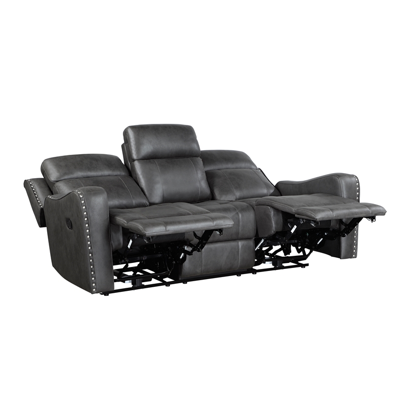 Pemberly Row Microfiber Double Reclining Sofa with Nailhead Trim in Smoky Gray