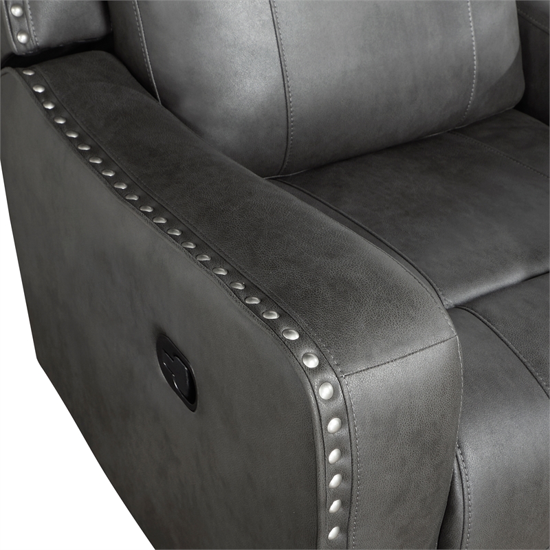 Pemberly Row Microfiber Double Reclining Sofa with Nailhead Trim in Smoky Gray