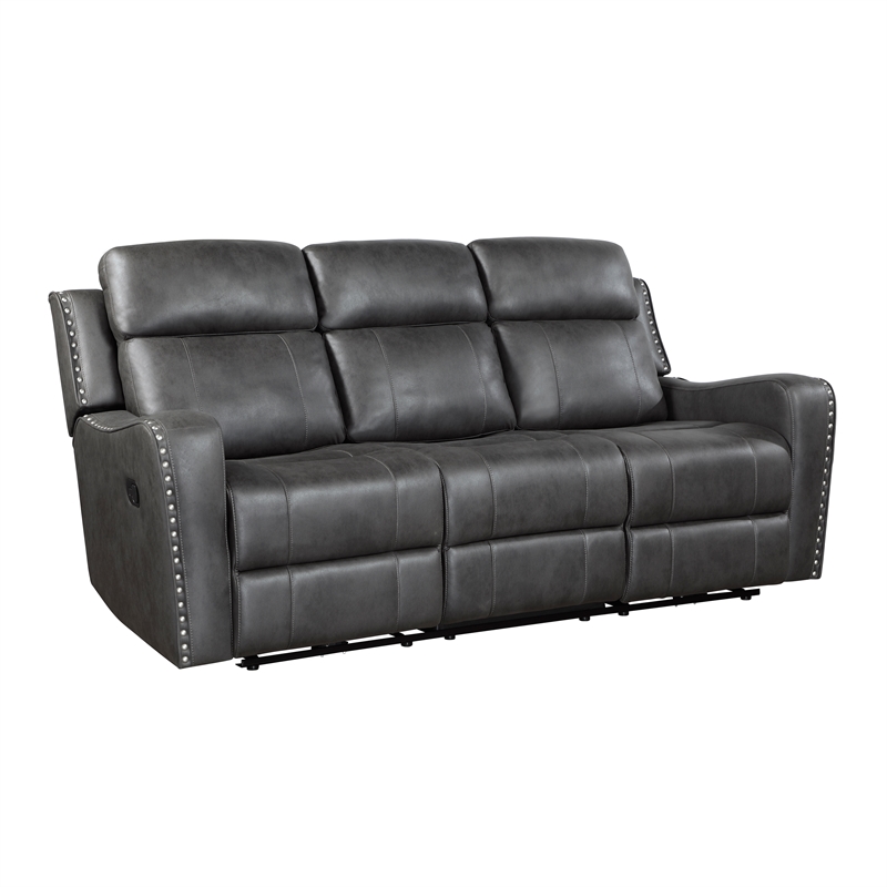 Pemberly Row Microfiber Double Reclining Sofa with Nailhead Trim in Smoky Gray