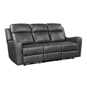 Pemberly Row Microfiber Double Reclining Sofa with Nailhead Trim in Smoky Gray