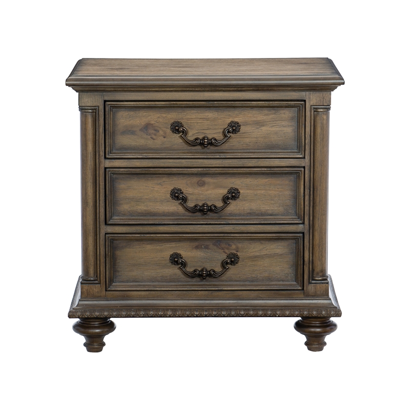 Pemberly Row 3-Drawer Pecan Veneer Nightstand with Turned Feet - Weathered Pecan