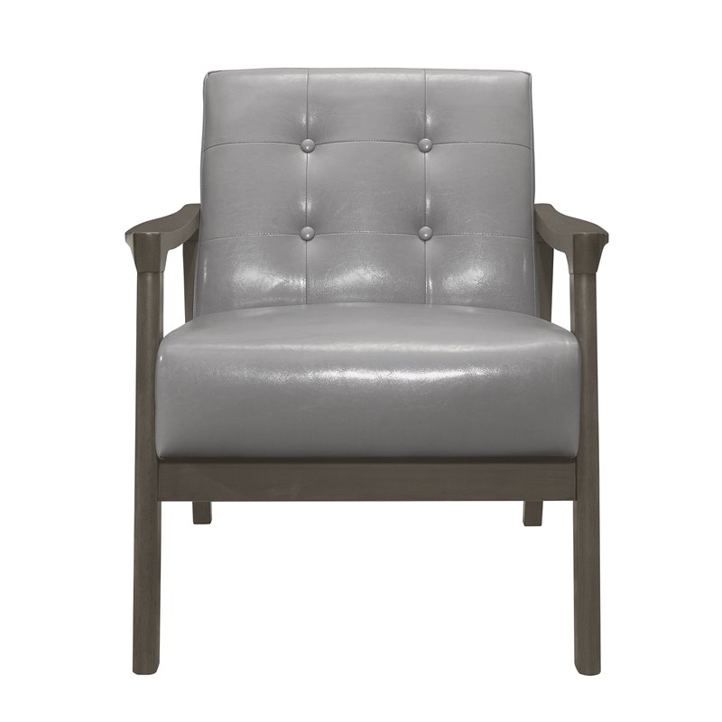 Pemberly Row Rubberwood Button-Tufted Faux Leather Accent Chair in Light Gray