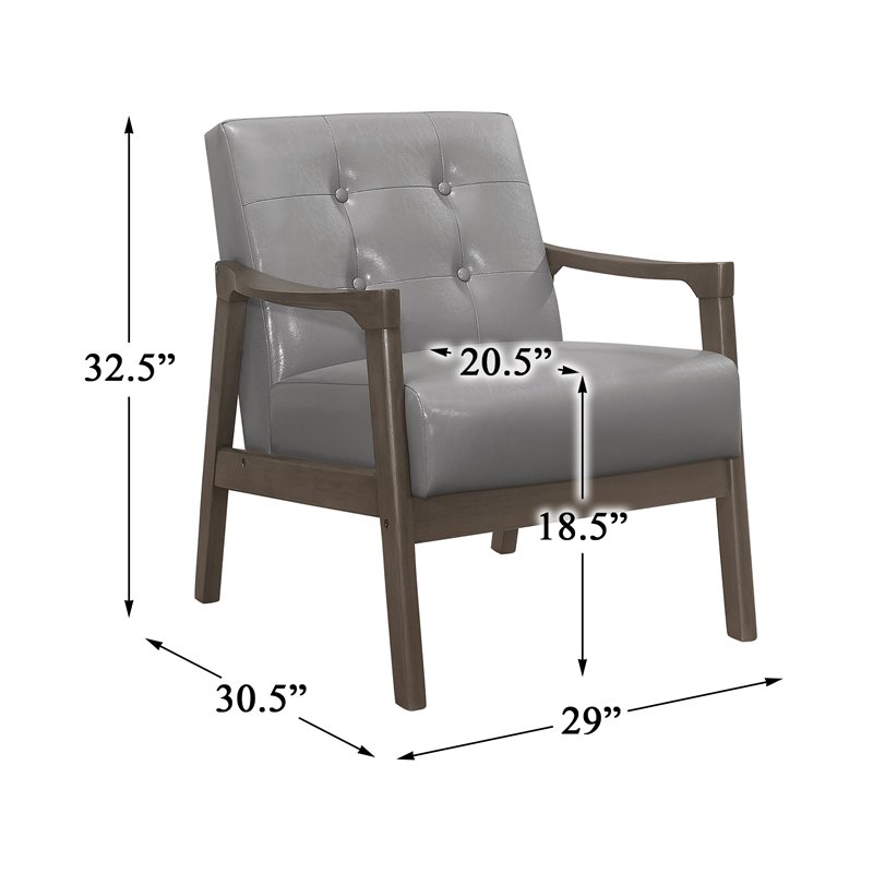Pemberly Row Rubberwood Button-Tufted Faux Leather Accent Chair in Light Gray