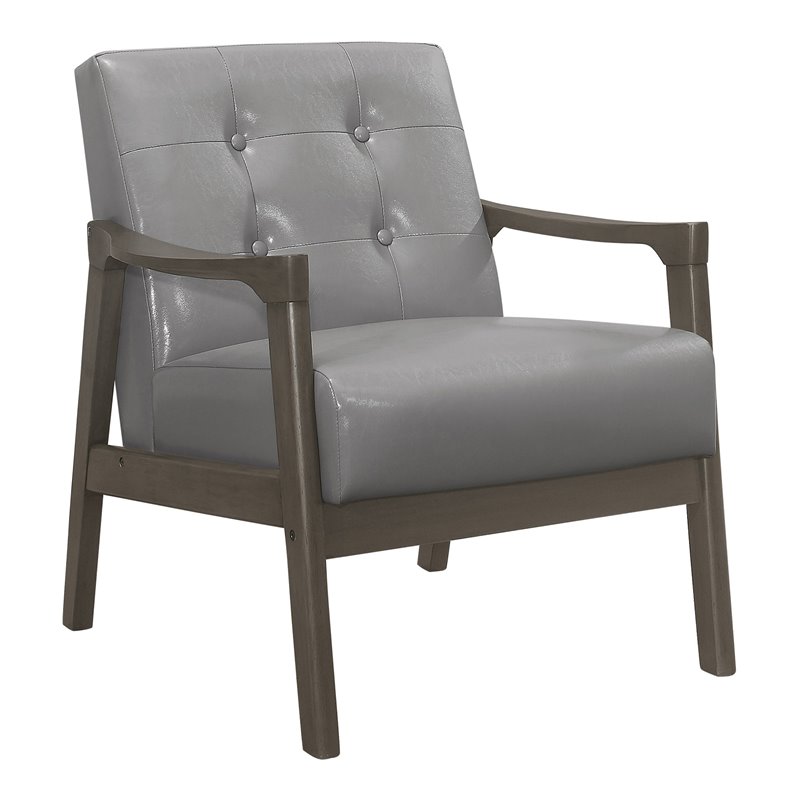Pemberly Row Rubberwood Button-Tufted Faux Leather Accent Chair in Light Gray