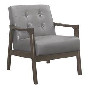 Pemberly Row Rubberwood Button-Tufted Faux Leather Accent Chair in Light Gray