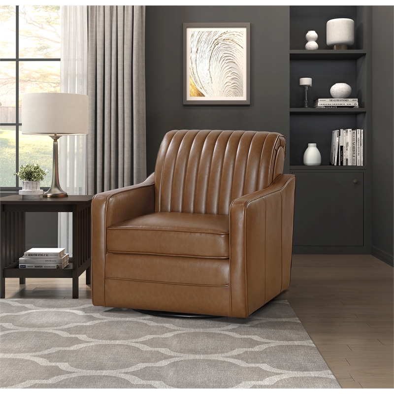 Pemberly Row Faux Leather 360-Degree Channel Back Swivel Accent Chair in Brown