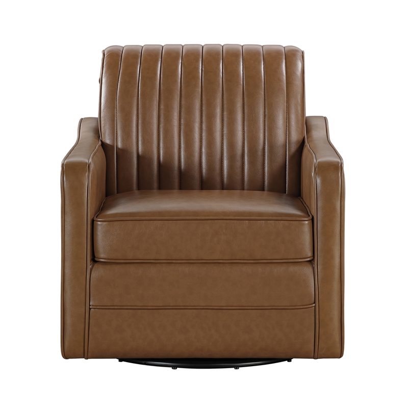 Pemberly Row Faux Leather 360-Degree Channel Back Swivel Accent Chair in Brown