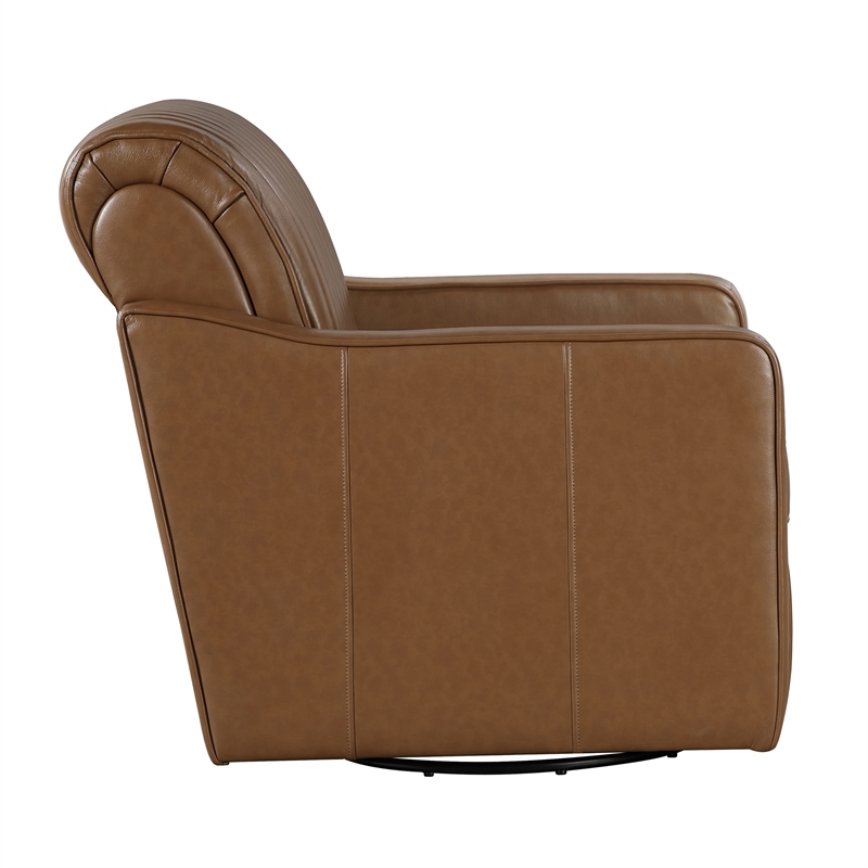 Pemberly Row Faux Leather 360-Degree Channel Back Swivel Accent Chair in Brown