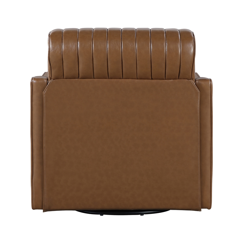 Pemberly Row Faux Leather 360-Degree Channel Back Swivel Accent Chair in Brown