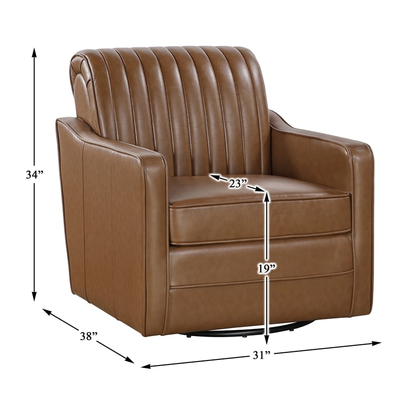 Pemberly Row Faux Leather 360-Degree Channel Back Swivel Accent Chair in Brown