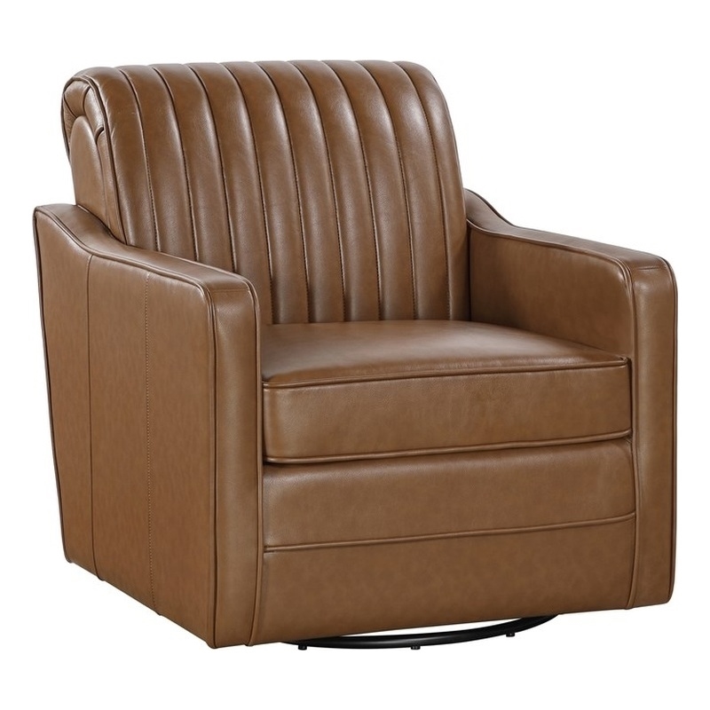 Pemberly Row Faux Leather 360-Degree Channel Back Swivel Accent Chair in Brown