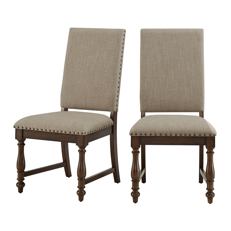 Pemberly Row Beige Upholstered Dining Side Chair with Nailhead Trim in Brown